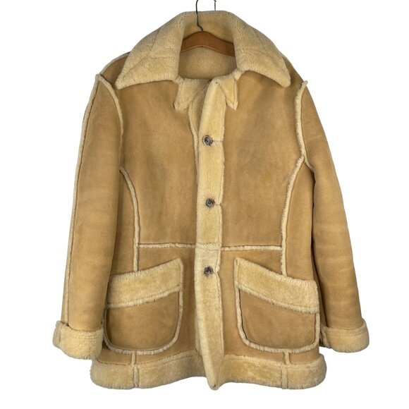 Vintage 1960s Joo Kay Leather Shearling Coat Size 42 Tan Genuine Sheepskin USA - Picture 1 of 12